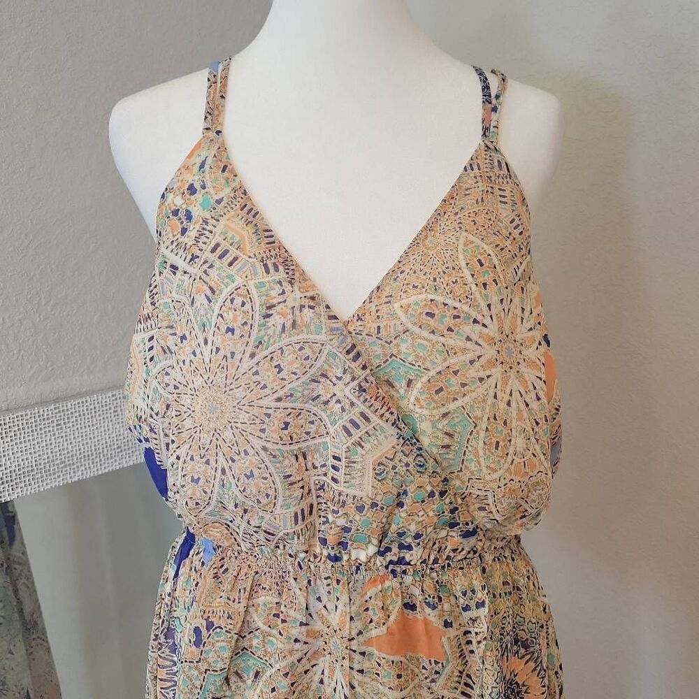 Miss Me Beige Lace Midi Dress with Blue and Orange Accents - Picture 2 of 8